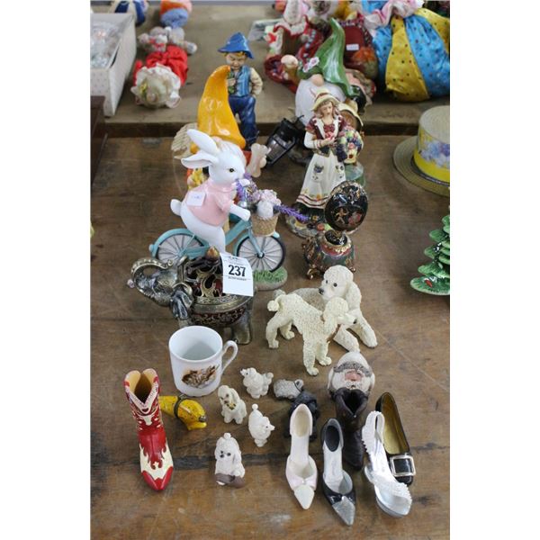 Asst. Figurines w/Elephants, Gnomes, Easter Bunny, Shoe Décor