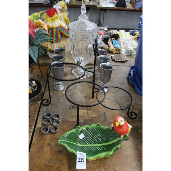 Pewter ? Goblets, Crystal Urn w/Spigot, Bowl Stand, Parrot Dish