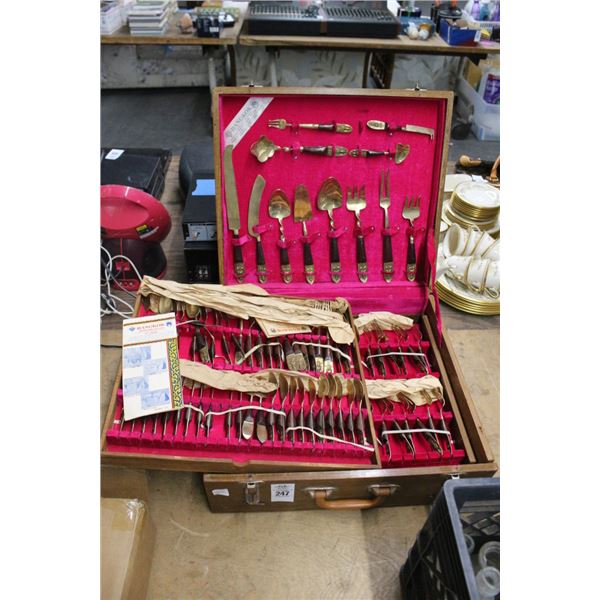Ornate Cast Trim Bancock Brass Utensil Set w/Wooden Box/Trays