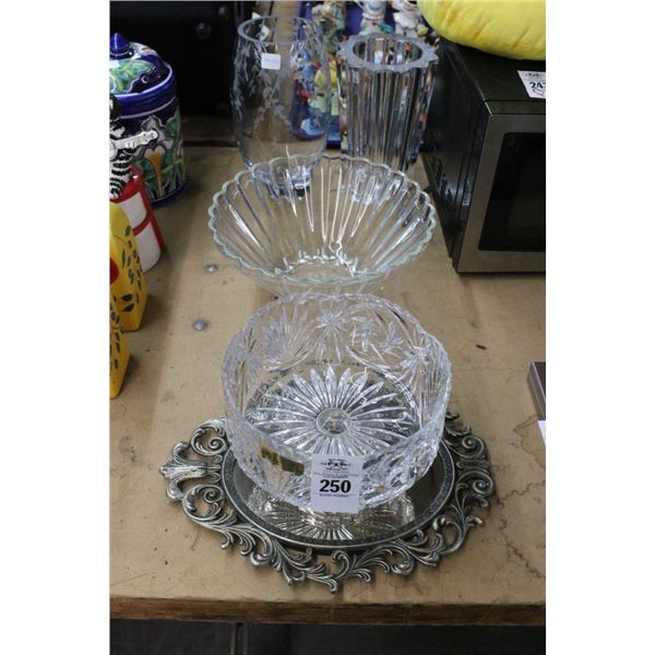 Crystal/Etched Glass Vases, Bowls, Cast Trim Mirror