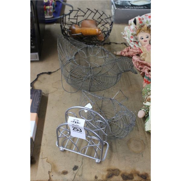 Wire Hen Baskets, Napkin Holder, Wooden Utensils