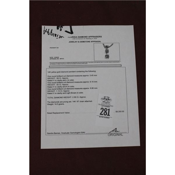 14K YG Diamond Pendant w/3 Round Cut Diamonds Light Brown In Color w/14K