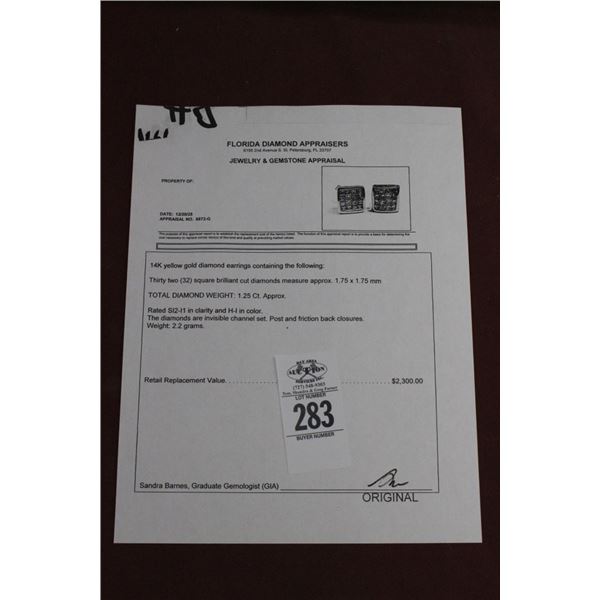 14K YG Diamond Earrings w/32 Square Cut Diamonds 2.2G - Replacement Value -