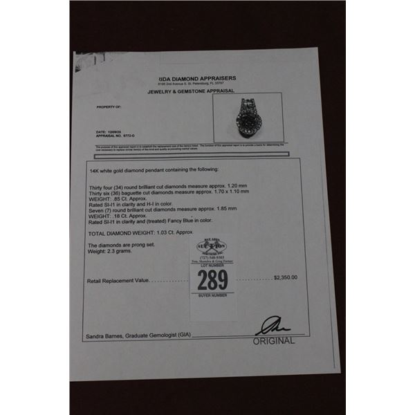 14K WG Diamond Pendant w/34 Round Cut Diamonds and 36 Baguette Cut Diamonds,