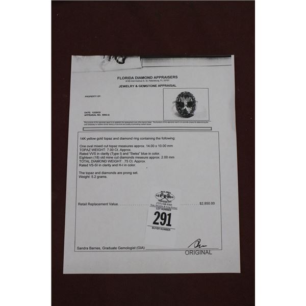 14K YG Topaz/Diamond Ring w/One Oval Mixed Cut Topaz Swiss Blue In Color, 18 Old