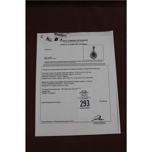 14K Two Tone Gold Peridot/Diamond Enhancer Pendant w/One Pear Mixed Cut