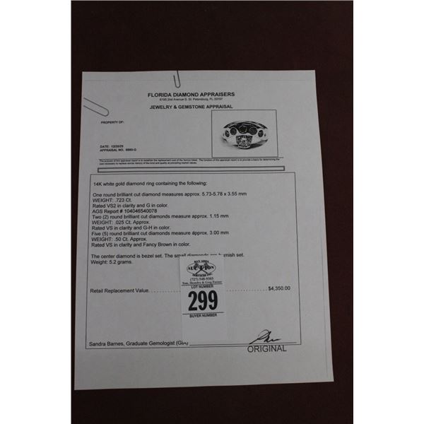 14K WG Diamond Ring w/One Round Cut Diamond, 2 Round Cut Diamonds, 5 Round