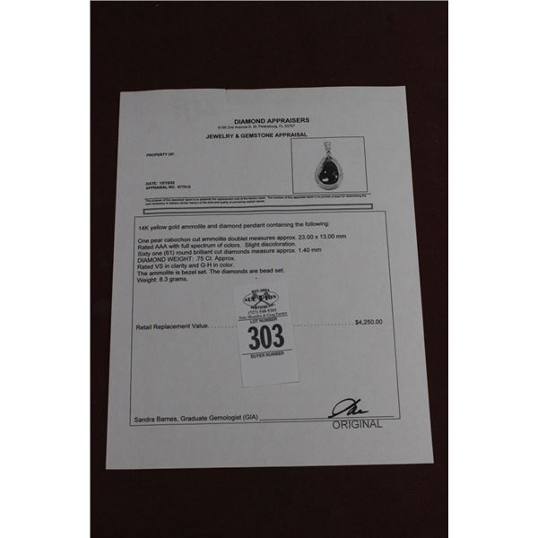 14K YG Ammolite/Diamond Pendant w/One Pear Cabochon Cut Ammolite Doublet