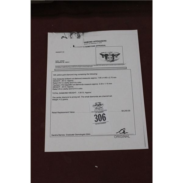 14K YG Diamond Ring w/One Marquise Cut Diamond and 14 Baguette Diamonds 4.2G