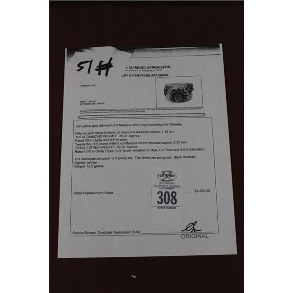 18K YG Diamond/Madeira Citrine Ring w/52 Round Cut Diamonds and 25 Round