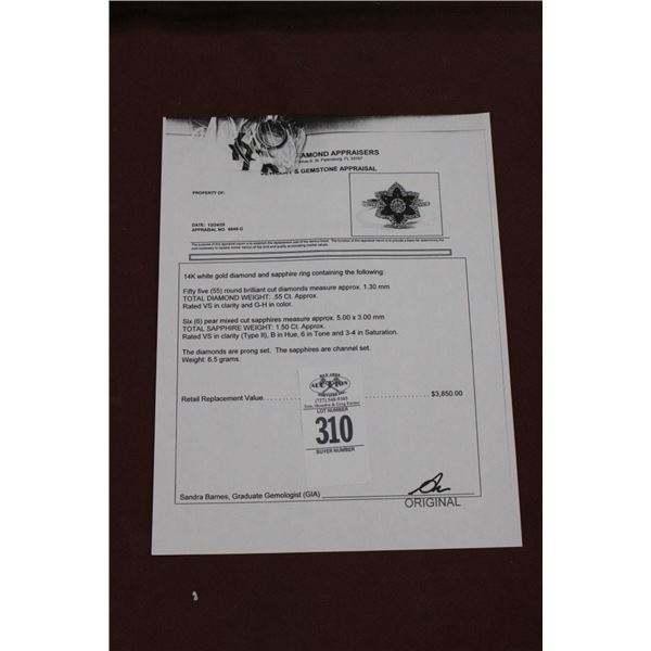 14K WG Diamond/Sapphire Ring w/55 Round Cut Diamonds and 6 Pear Mixed Cut