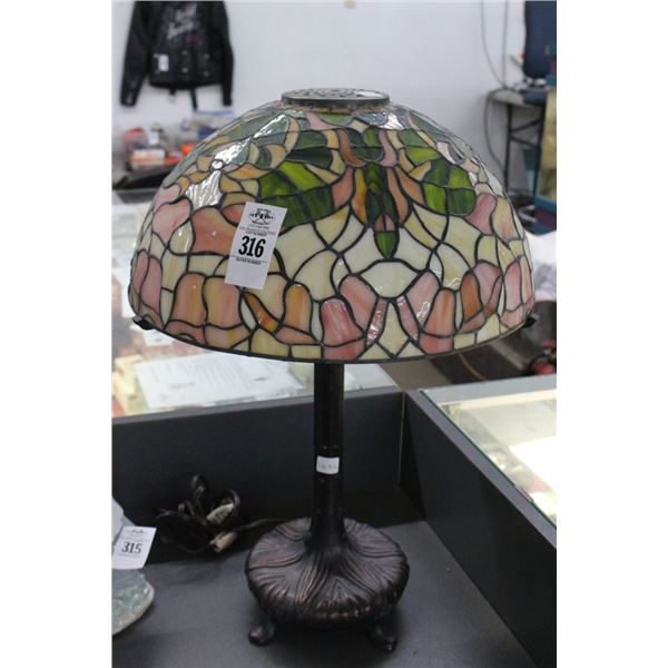 Bronze Base Floral Leaded Glass Lamp