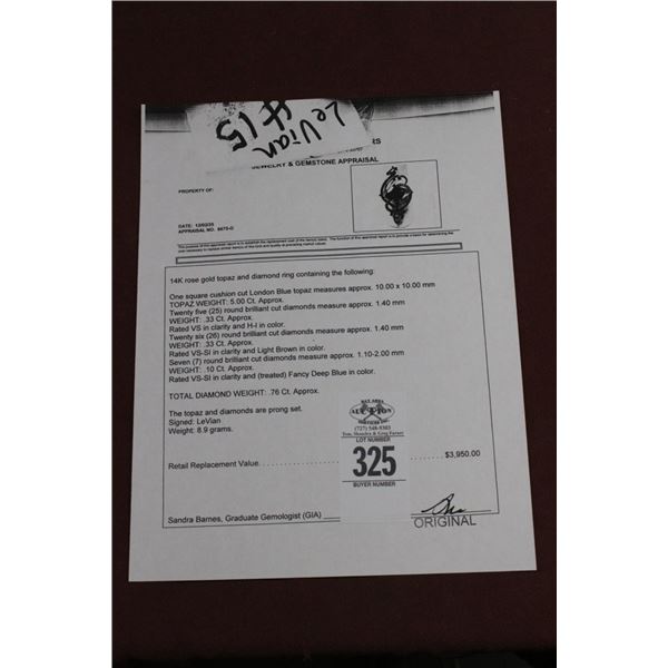 14K Rose Gold Topaz/Diamond Ring w/1 Square Cut London Blue Topaz, 25 Round