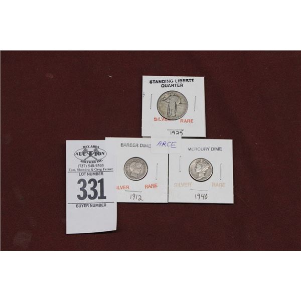 1912 Silver Barber Dime, 1940 Silver Mercury Dime, 1925 Standing Liberty Quarter