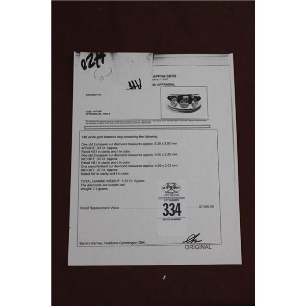 14K WG Diamond Ring w/3 Old European Cut Diamonds 7.3G - Replacement Value