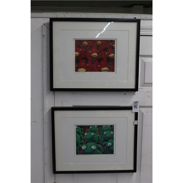 Framed Wall Art Devil Ducks, Happy Green Frogs Signed Booth - 2