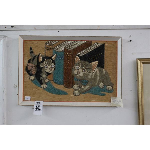 Mid Century Glass Gravel Art  2  Cats w/Books - 12"  X  8"