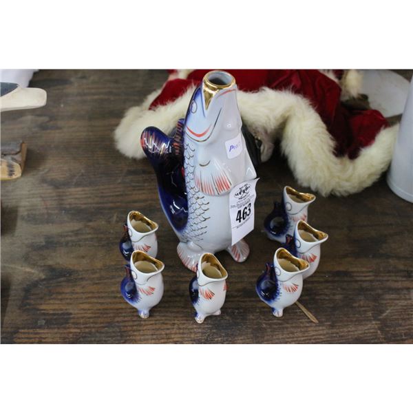 Scandinavian Fish Decanter w/6 Fish Cups
