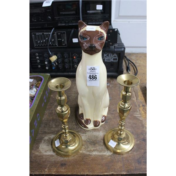 Porcelain Cat, Brass Candlesticks