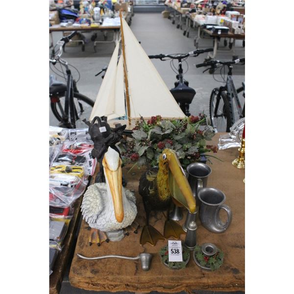 Pelican Décor, Cast Bull Rider, Sailboat Model, Pewter Table Décor