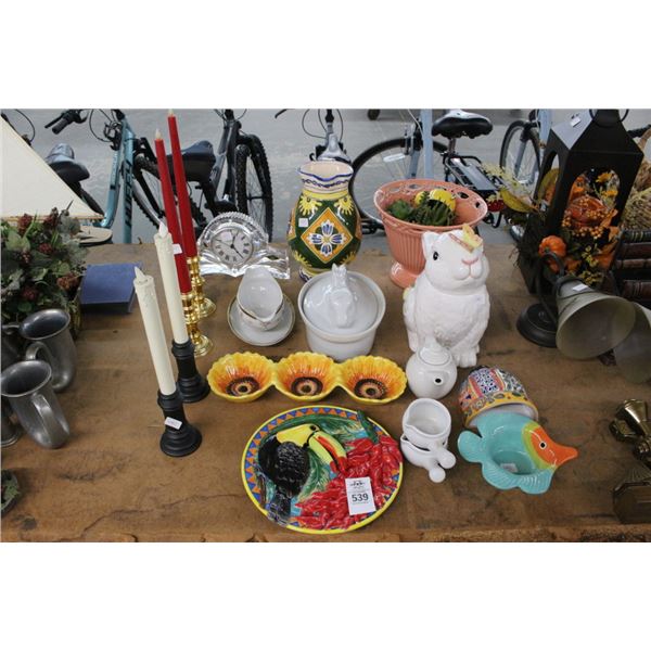 Rabbit Cookie Jar, Crystal Mantle Clock, Cake Stand, Dishes, More