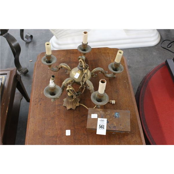 Cast Brass 5 Light Chandelier, Copper What Not Box