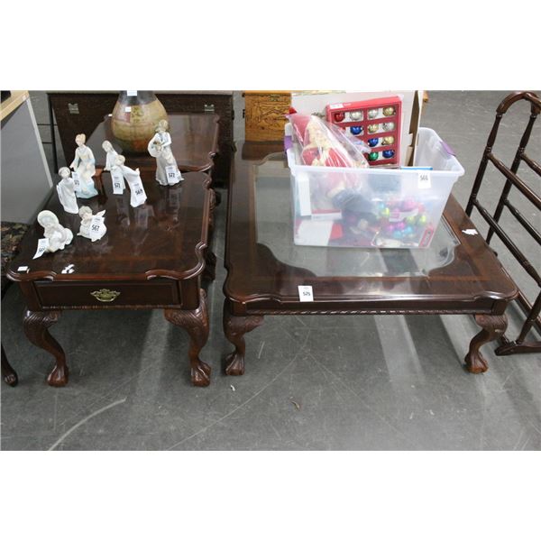 Cherry Queen Anne Brass Trim Claw Foot Glasstop Coffee/End Tables Set - 3