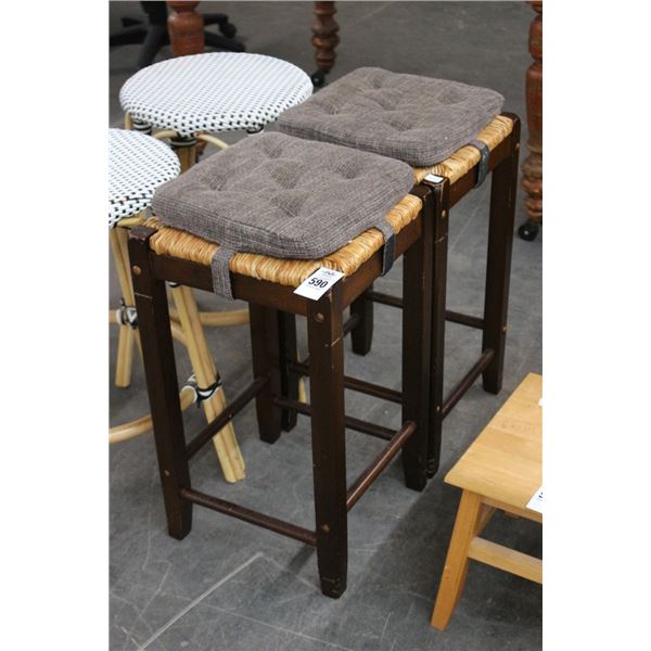 Rush Seat Padded Stools - Pair