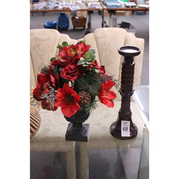 Cherry Ornate Candlestick, Small Silk Plant Centerpiece