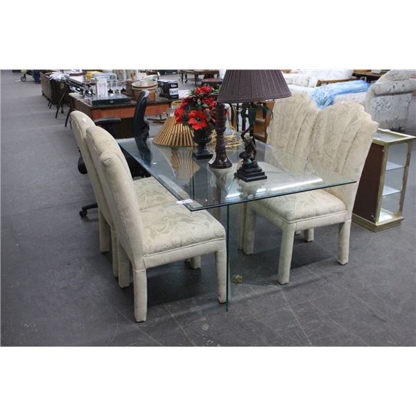 All Glass Rectangular Dining Table w/4 Tan Dining Chairs