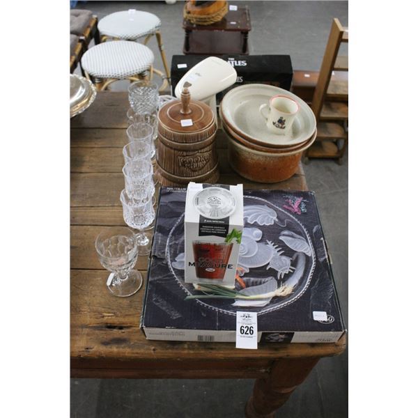 Nautical Etched Serving Tray w/Stem Glasses, Heat Gun, Cookie Jar, Beatle Collector