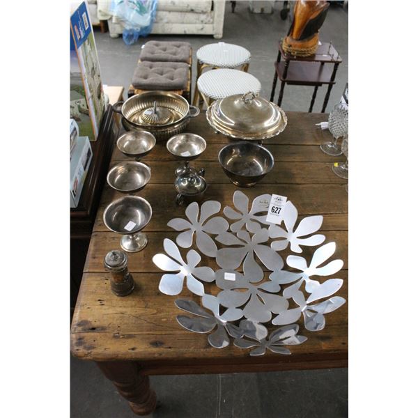 Ornate SS Floral Bowl w/Silverplate, Footed Bowls, Serving Utensils
