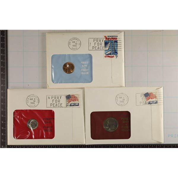 3 US COINS FIRST DAY COVERS: 1966 LINCOLN CENT,