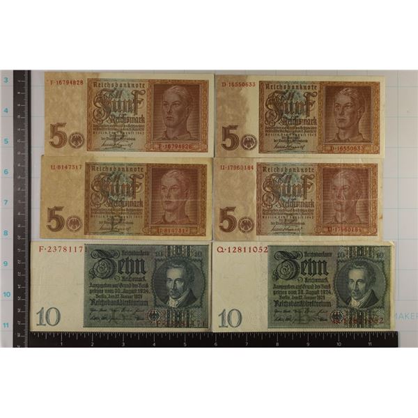 6 GERMAN BILLS: 4-1942 FIVE MARK & 2-1929 TEN MARK