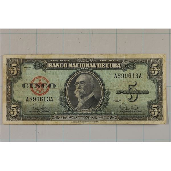 1960 CUBA 5 PESO BILL