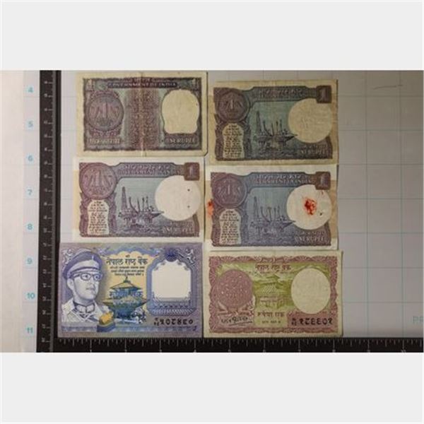 6-INDIA BANKNOTES: 2-ONE RUPEES FROM NEPAL AND