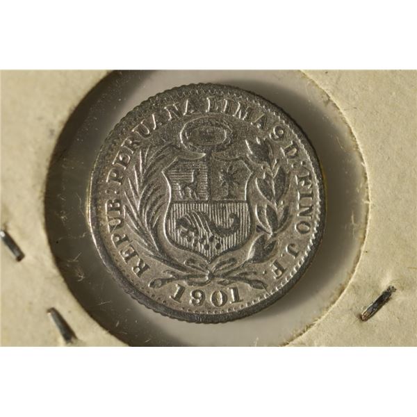 1901 PERU SILVER 1/2 DINERO .0362 OZ. ASW