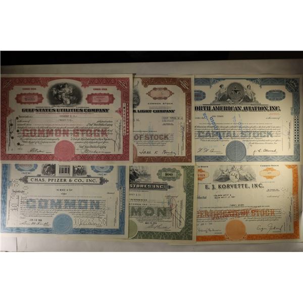 6 VINTAGE STOCK CERTIFICATES: E.J. KORVETTE, FOOD