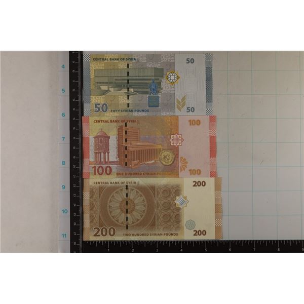 3 BANK OF SYRIA CRISP UNC COLORIZED BILLS: 50, 100