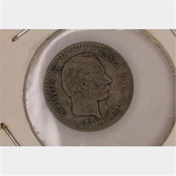 1874 DENMARK SILVER 10 ORE .0186 OZ. ASW