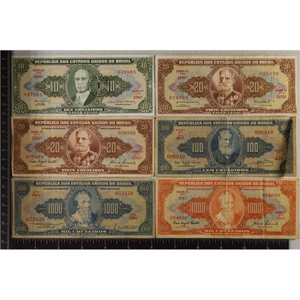 6-BRASIL BILLS: 1-10 CRUZEIROS, 2-20 CRUZEIROS,