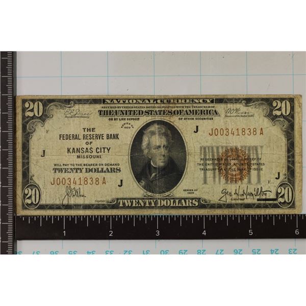 1929 US $20 NATIONAL CURRENCY OF KANSAS CITY, MO