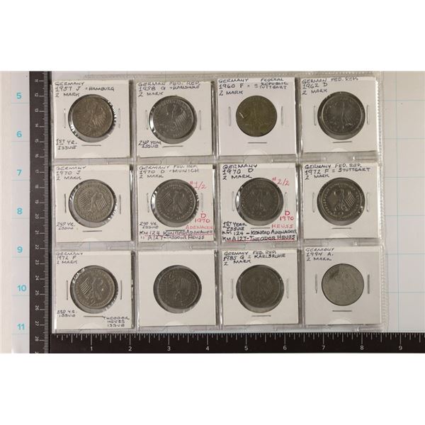 11-GERMAN 2 MARK COINS: 1957-J, 58-G, 60-F, 70-J,