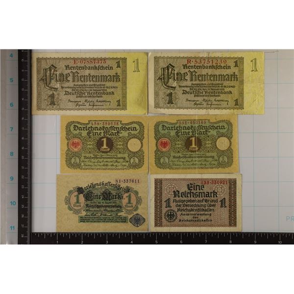 6 GERMAN 1 MARK BILLS: 1914 CRISP UNC, 1 NO DATE,