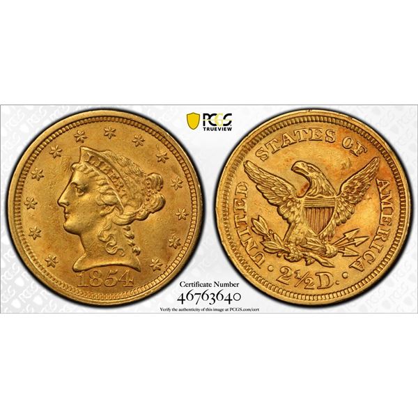 1854 $2.5 Liberty Head Quarter Eagle Gold Coin PCGS AU58