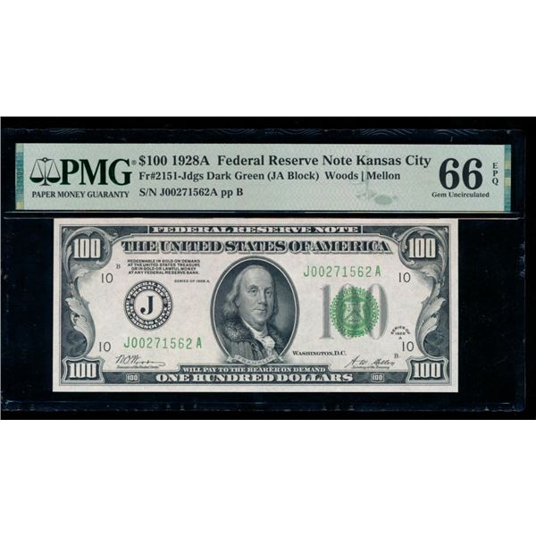 1928A $100 Kansas City FRN PMG 66EPQ