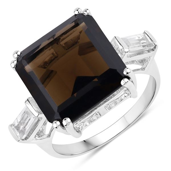 Plated Rhodium 8.80ctw Smokey Quartz and White Topaz Ring
