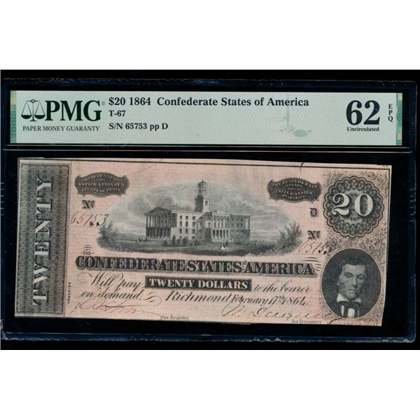 1864 $20 T-67 Confederate PMG 62EPQ