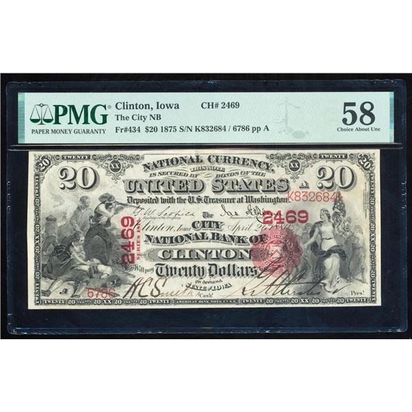 1875 $20 Clinton IA National PMG 58