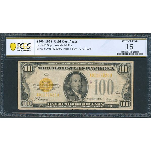 1928 $100 Gold Certificate PCGS 15